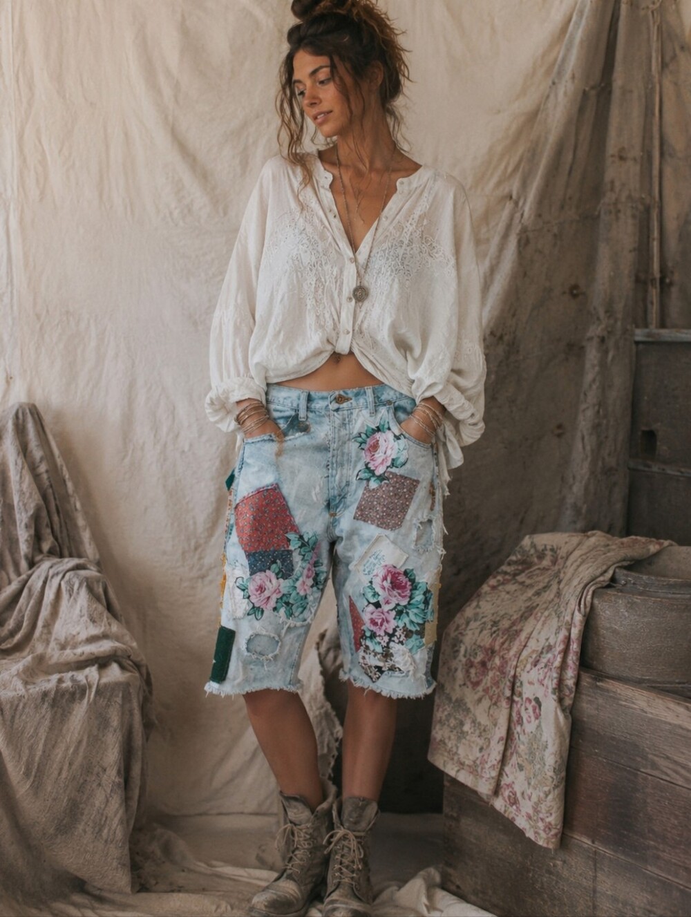 OOAK Upcycled Boho Patchwork Denim Miner Shorts  Floral Appliqué Jean Shorts